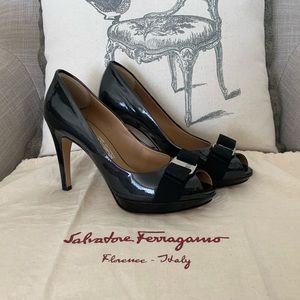Ferragamo Black Patent Open Toe Pumps 6.5